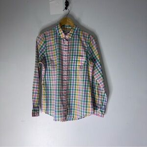 J Crew Factory Multicolored Pastel Gingham Checked Collar Cotton Button Down M